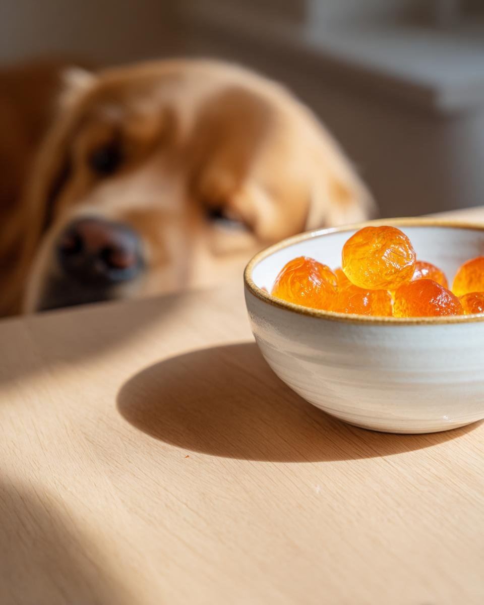 A bowl of orange Bone Strength Bone Broth Gummy Bones with a golden retriever looking eagerly in the background.