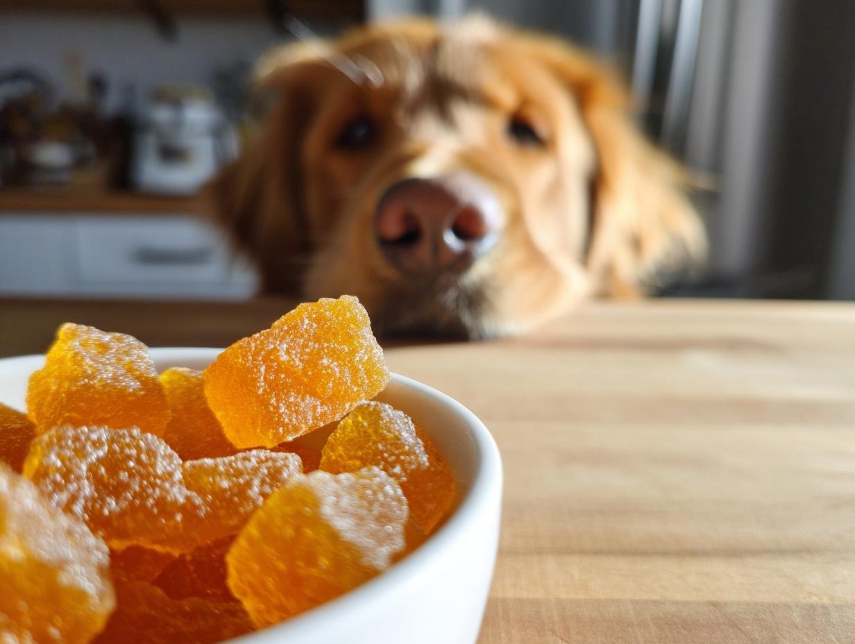 A golden retriever looks longingly at a bowl of orange Bone Strength Bone Broth Gummy Bones on a wooden counter.