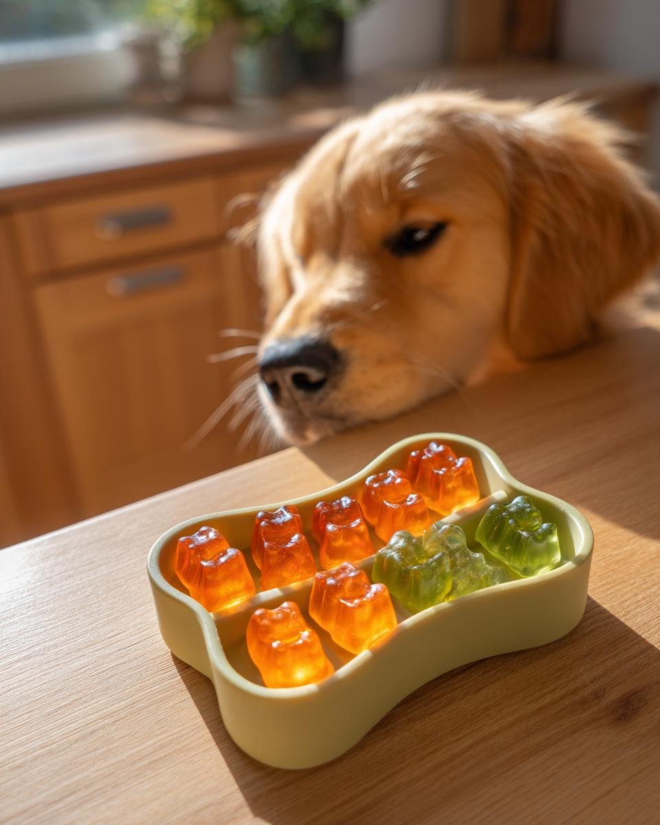 A golden retriever looks intently at bone-shaped Carrot & Spinach Bone Broth Gummies in a mold.