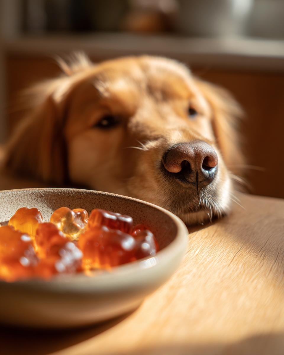 A golden retriever dog stares longingly at a bowl of amber-colored Collagen-Rich Bone Broth Gummy Bones.