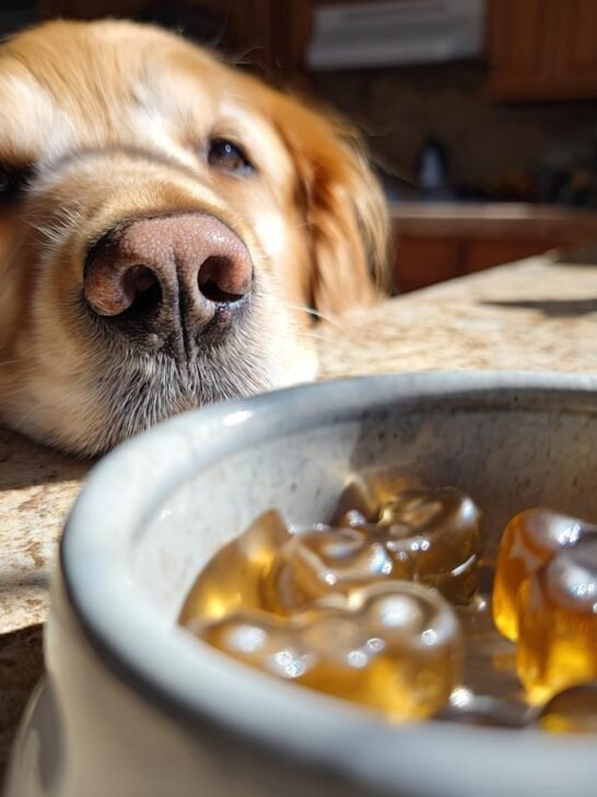 A curious Golden Retriever looks down at a bowl of homemade Collagen-Rich Bone Broth Gummy Bones.