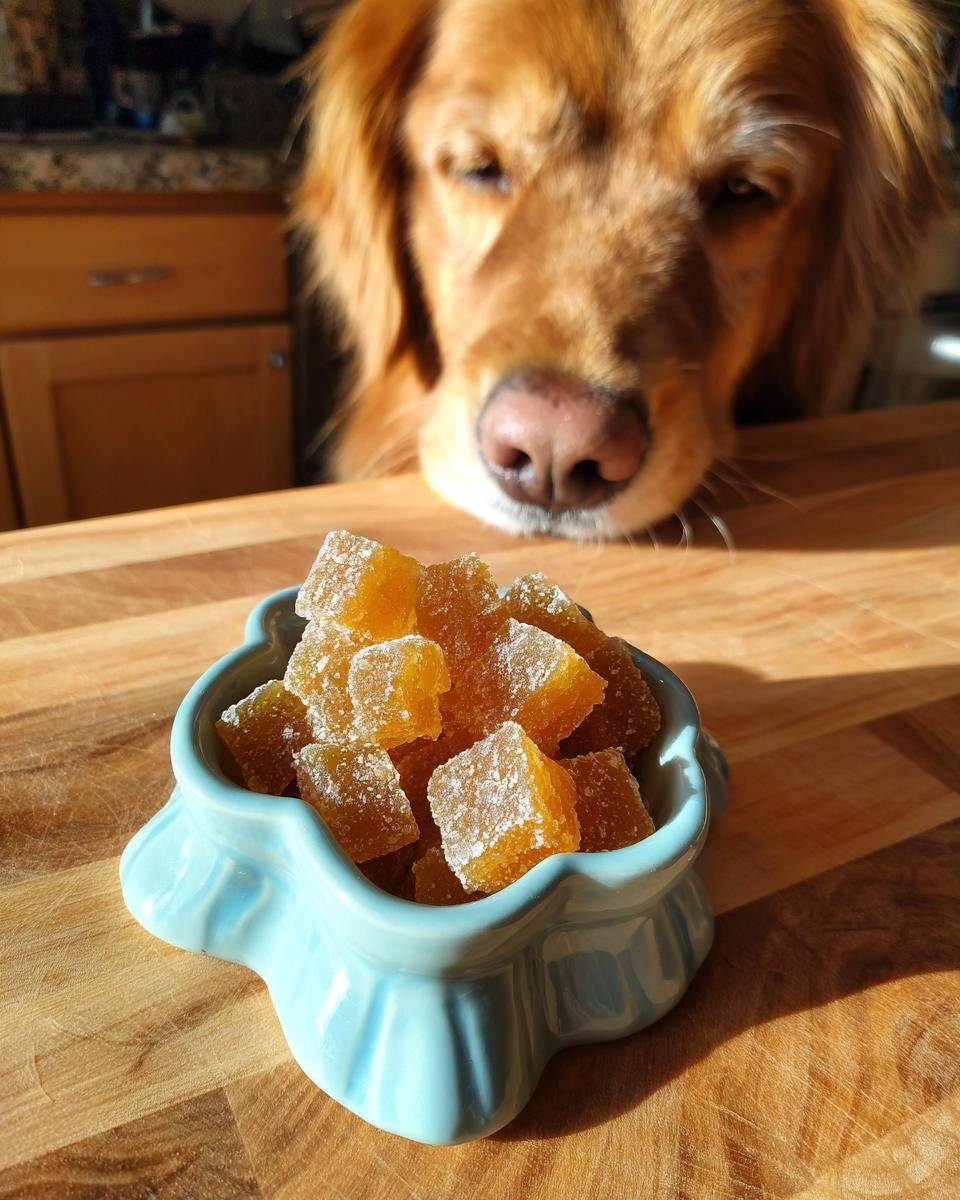 A golden retriever intently looks down at a bowl of homemade Energy Boost Bone Broth Gummies for Dogs.