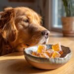 Golden retriever looking longingly at a bowl of orange Gentle Stomach Bone Broth Gummies for Dogs.