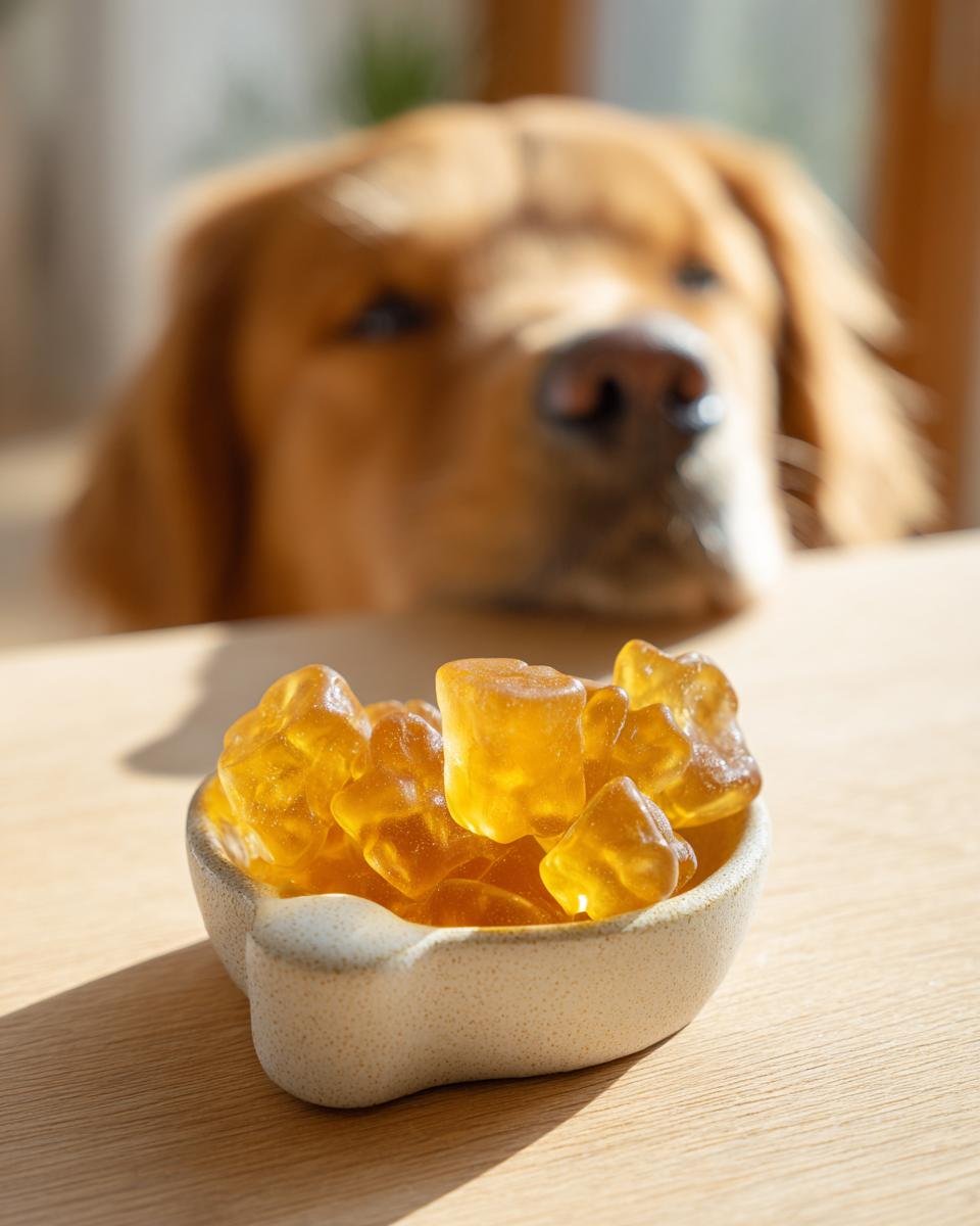 A golden retriever looks longingly at a small bowl of amber-colored Ginger Bone Broth Tummy-Soothing Gummies for dogs.