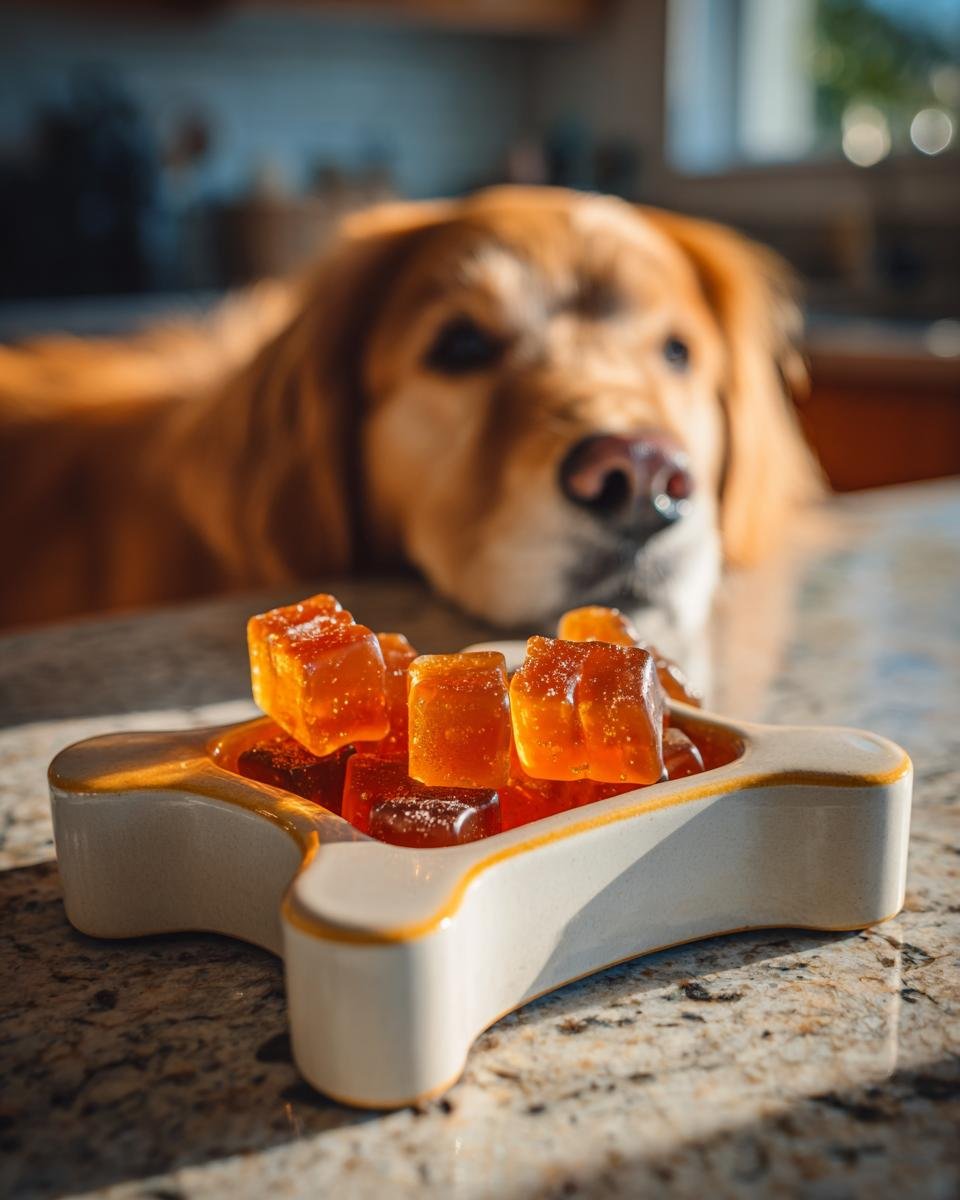A Golden Retriever looks longingly at a bowl of amber-colored Gut Health Bone Broth Probiotic Gummies.