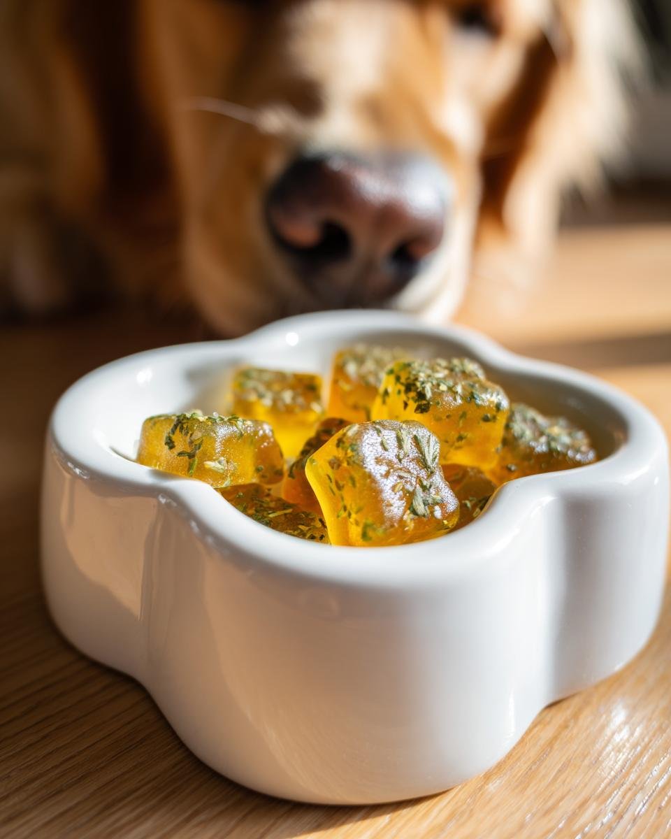 A golden retriever looks intently at a white bowl filled with Herbal Wellness Bone Broth Gummies for dogs.
