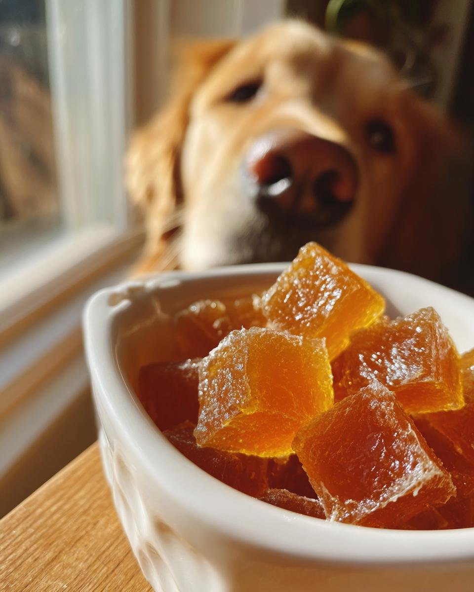A golden retriever looks intently at a white bowl filled with Homemade Vet Approved Bone Broth Gummies.