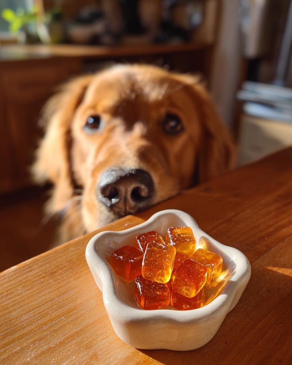 A golden retriever looks longingly at a small dish of amber Hydration Bone Broth Electrolyte Gummies on a wooden table.