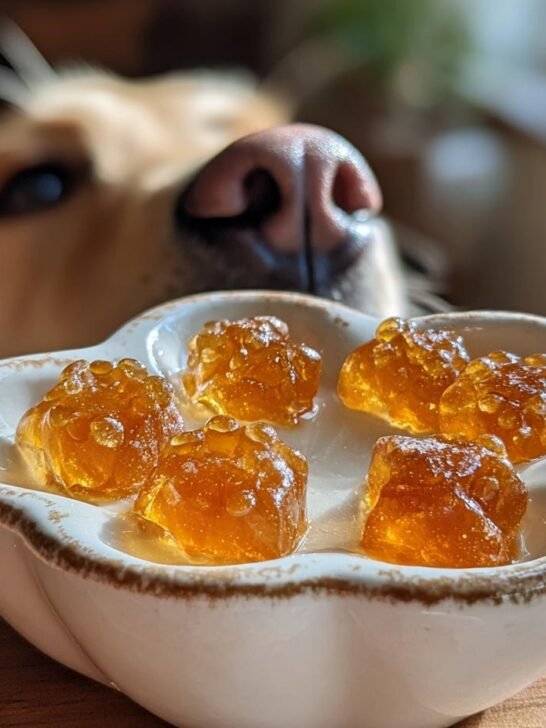 Close-up of amber-colored Minimal Ingredient Bone Broth Gummies in a dish, with a curious dog looking over them.