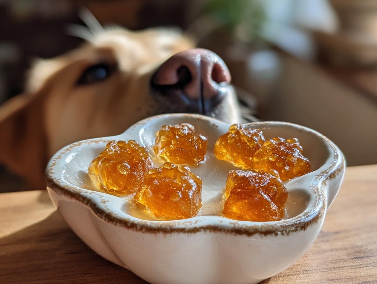 Close-up of amber-colored Minimal Ingredient Bone Broth Gummies in a dish, with a curious dog looking over them.