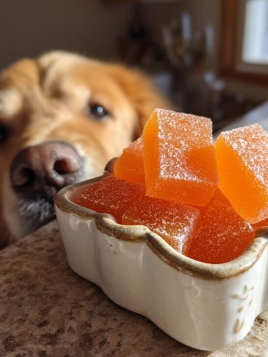 A golden retriever looks intently at a small bowl of orange Papaya Bone Broth Digestive Gummies for Dogs.