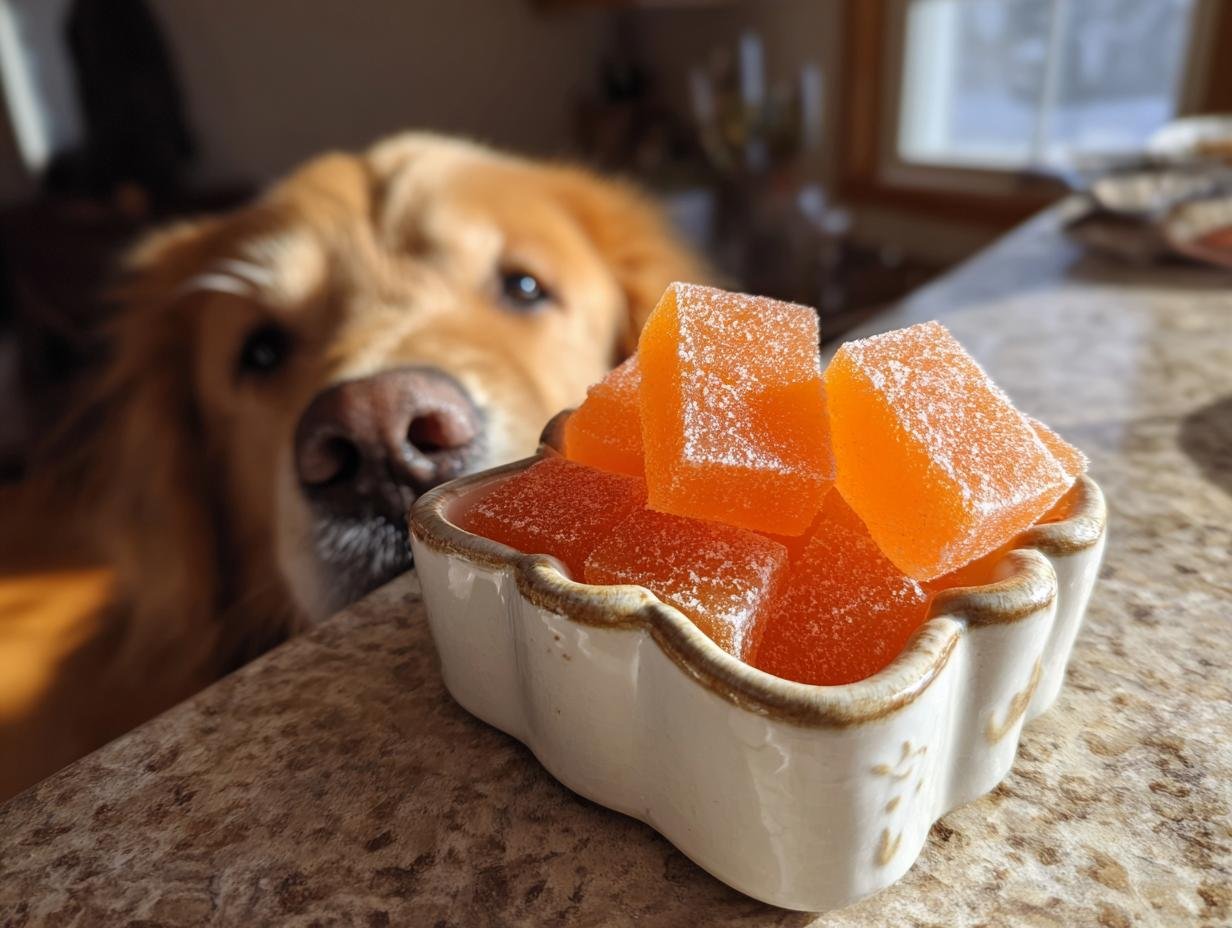 A golden retriever looks intently at a small bowl of orange Papaya Bone Broth Digestive Gummies for Dogs.