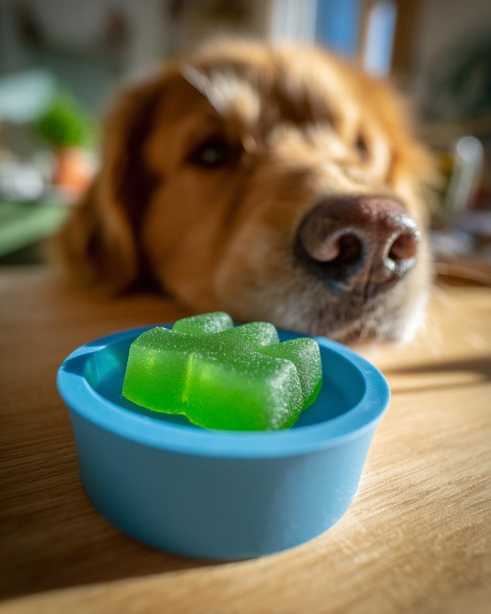 A golden retriever looks intently at green, clover-shaped Spinach & Bone Broth Vitamin Gummies in a blue dish.