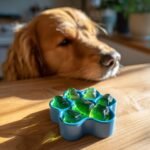 A Golden Retriever eagerly looks at green Spinach & Bone Broth Vitamin Gummies in a paw-shaped mold.
