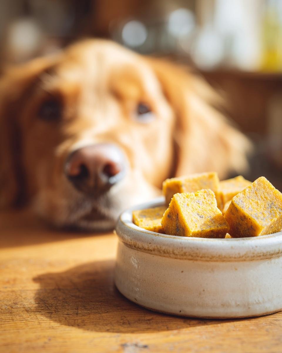 A golden dog stares intently at a small bowl of yellow Post-Workout Bone Broth Recovery Gummies.