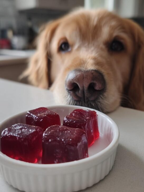 A curious Golden Retriever looks intently at four red Cranberry Bone Broth Urinary Support Gummies in a white dish.