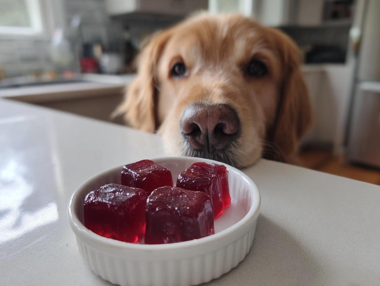 A curious Golden Retriever looks intently at four red Cranberry Bone Broth Urinary Support Gummies in a white dish.