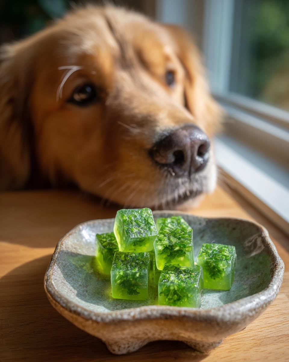 A golden retriever looks longingly at a small dish of green Parsley Bone Broth Fresh Breath Gummies for dogs.