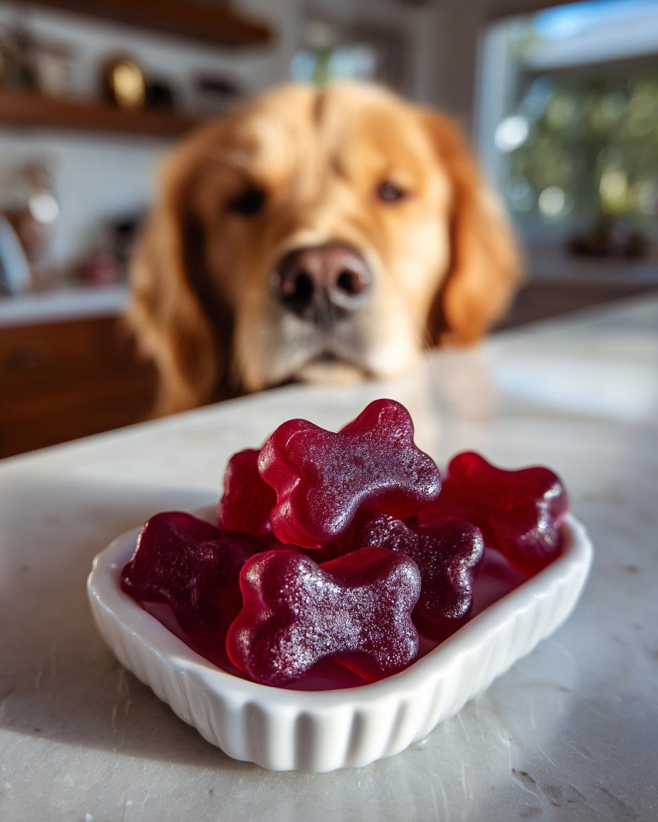 A golden retriever looks intently at a small white bowl filled with bone-shaped Cranberry Bone Broth Urinary Support Gummies for dogs.