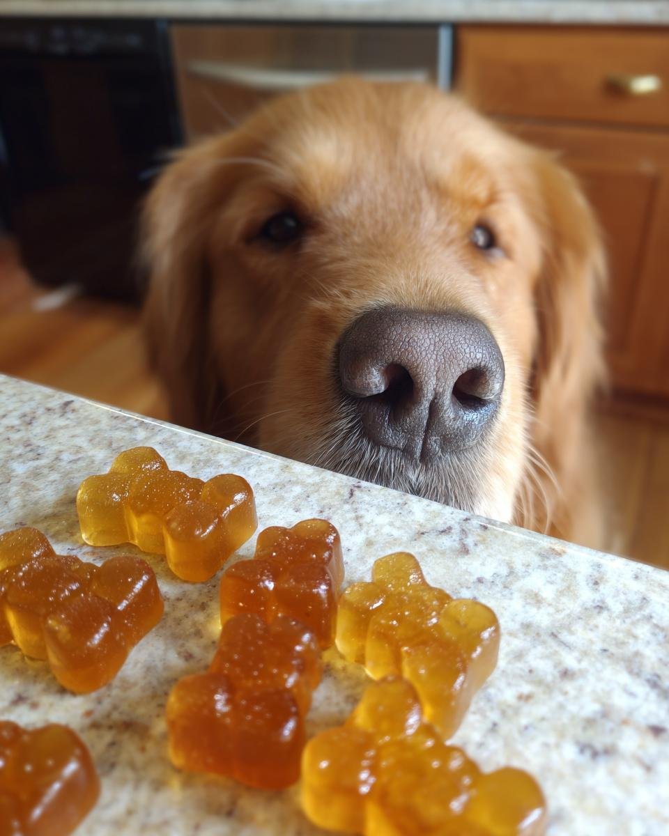 A Golden Retriever dog looks intently at several amber-colored High-Collagen Bone Broth Gummy Bones on a kitchen counter.