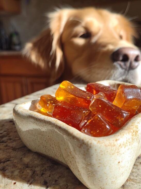 A golden retriever eagerly looks at a small bowl of amber Gut Health Bone Broth Probiotic Gummies.