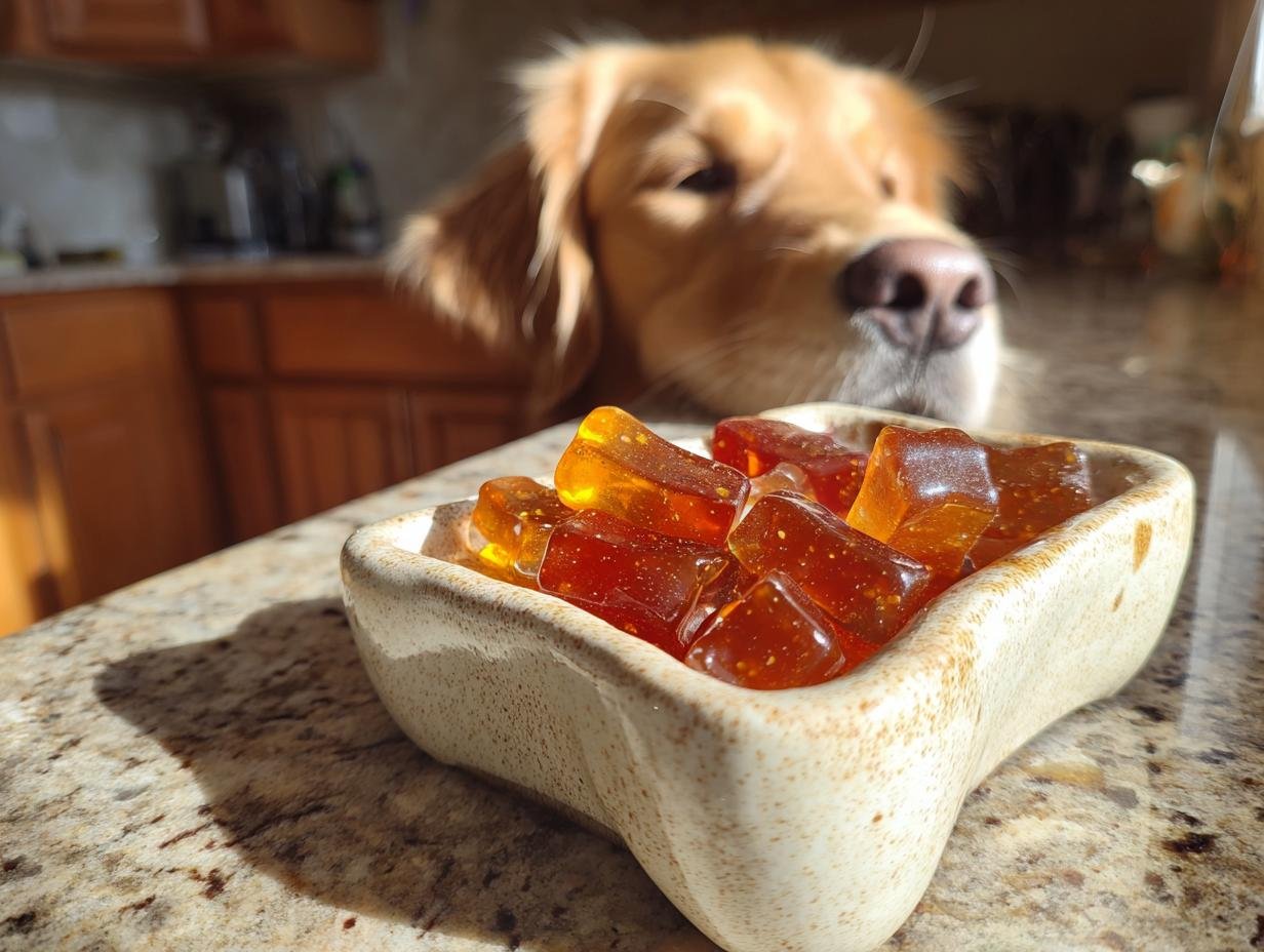 A golden retriever eagerly looks at a small bowl of amber Gut Health Bone Broth Probiotic Gummies.