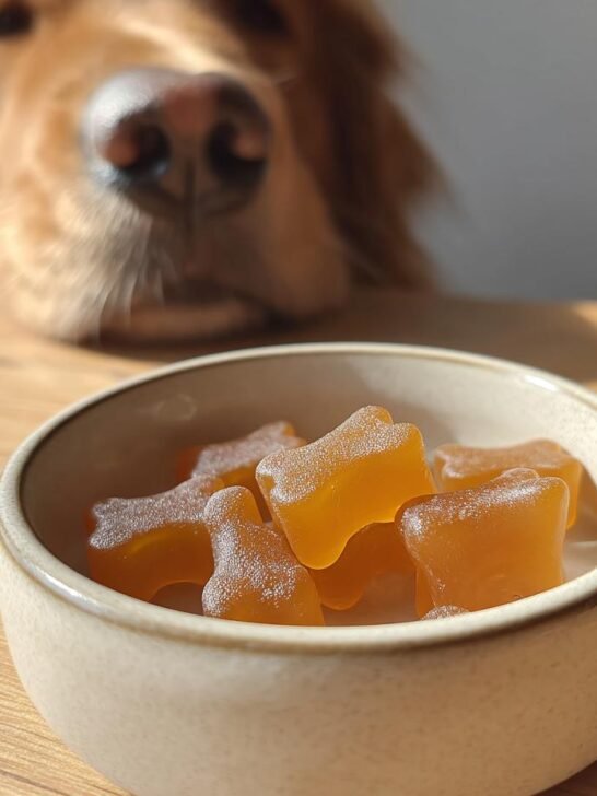 A golden retriever looks eagerly at a small bowl of bone-shaped Liver Support Bone Broth Gummy Bones.