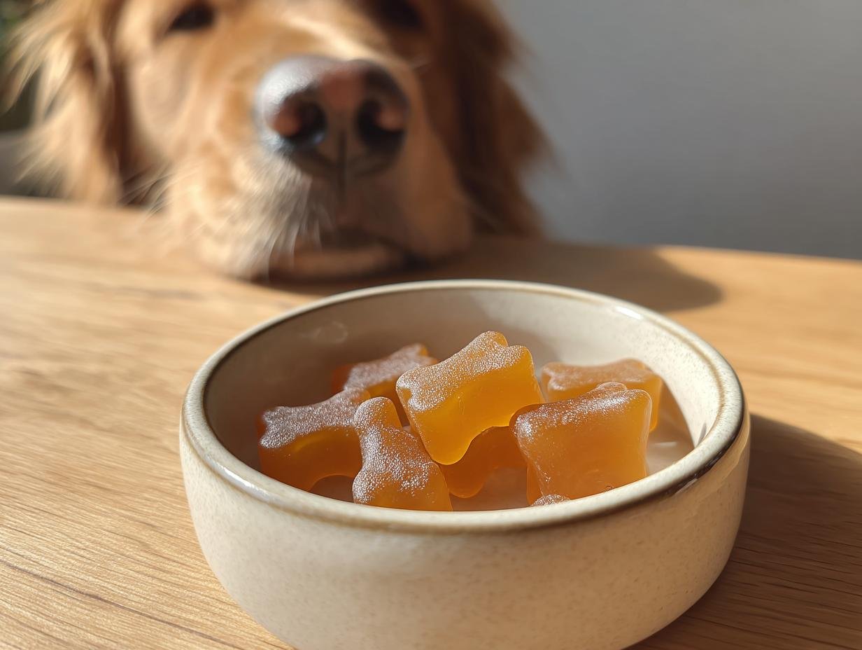 A golden retriever looks eagerly at a small bowl of bone-shaped Liver Support Bone Broth Gummy Bones.
