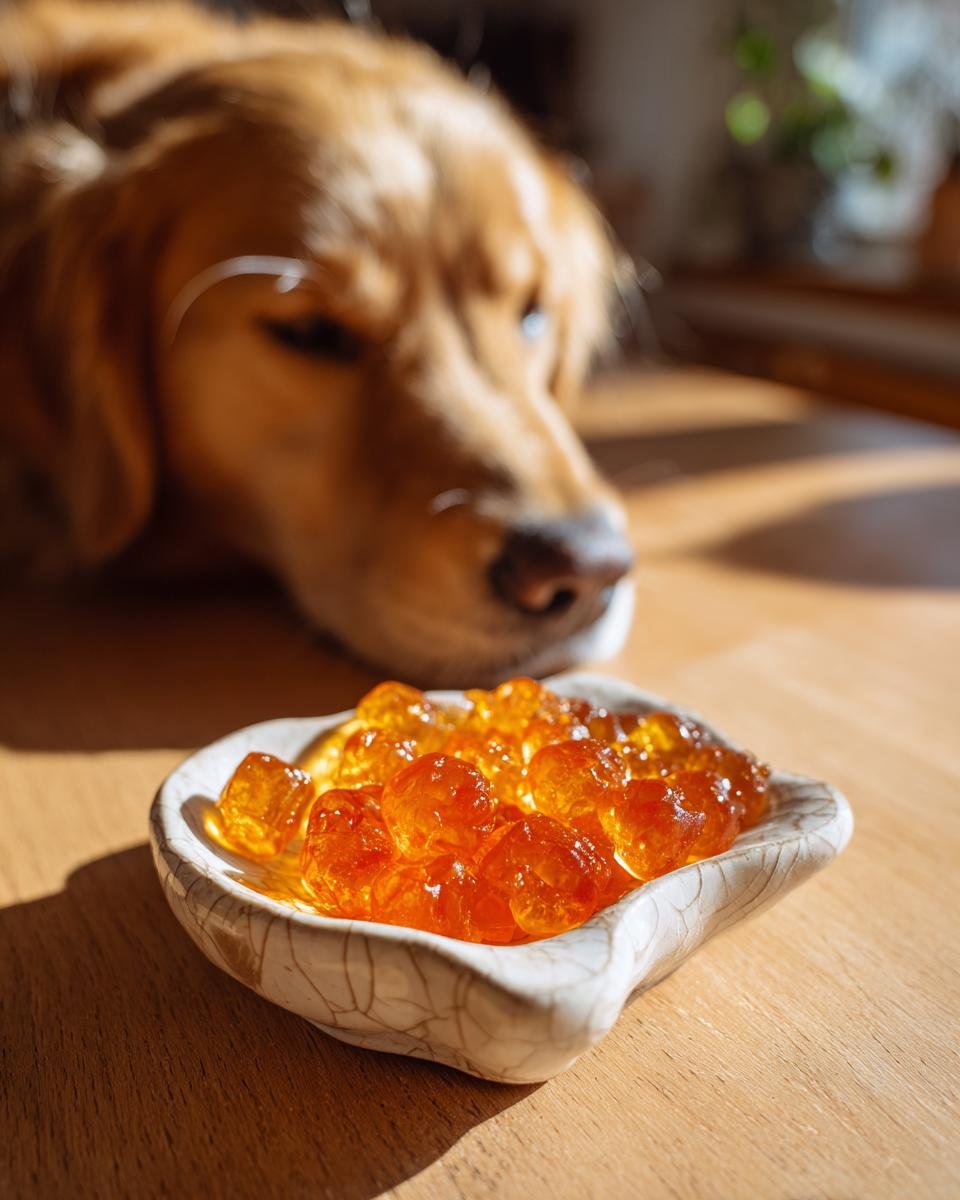A golden retriever looks longingly at a small bowl of orange Turkey Bone Broth Calming Gummies for dogs.