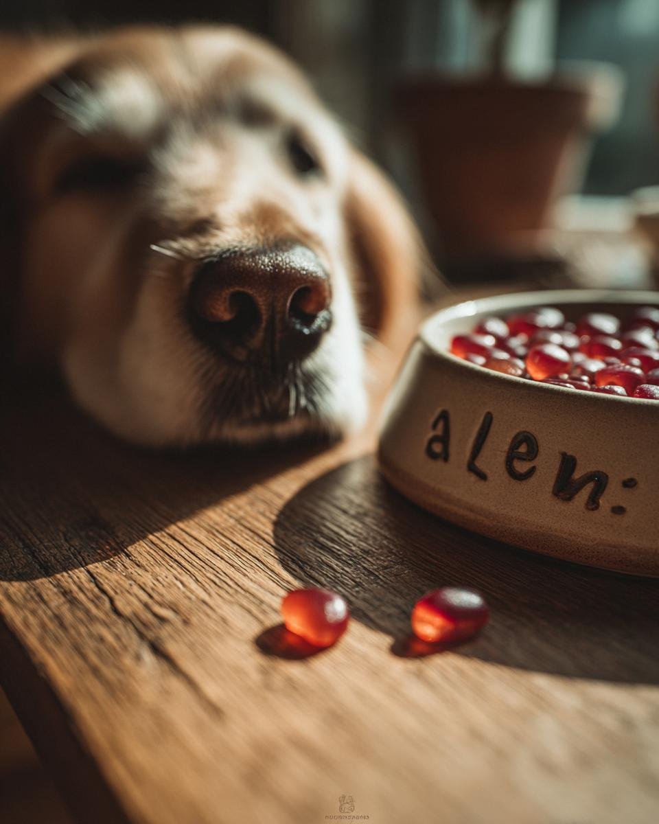 A golden retriever focuses on red, heart-shaped Skin & Coat Bone Broth Gummies next to its personalized bowl.