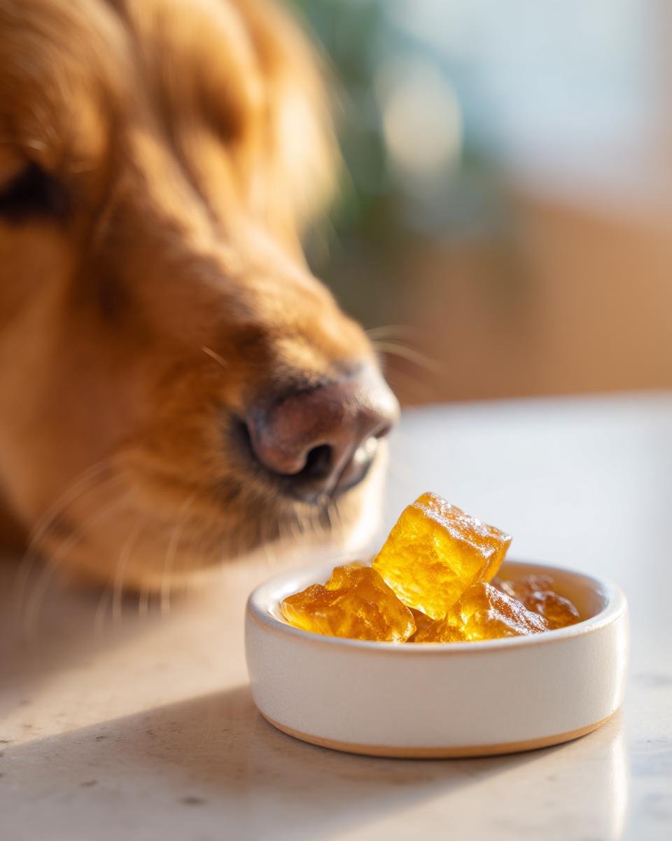 A golden retriever's nose is close to a small white bowl filled with amber-colored Anti-Inflammatory Bone Broth Gummies for Dogs.