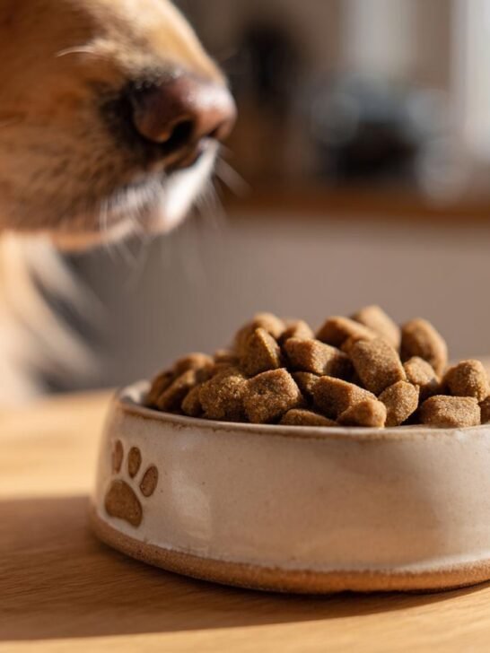 A dog's nose hovers over a bowl filled with Homemade Beef and Pear Gentle Digest Kibbles.