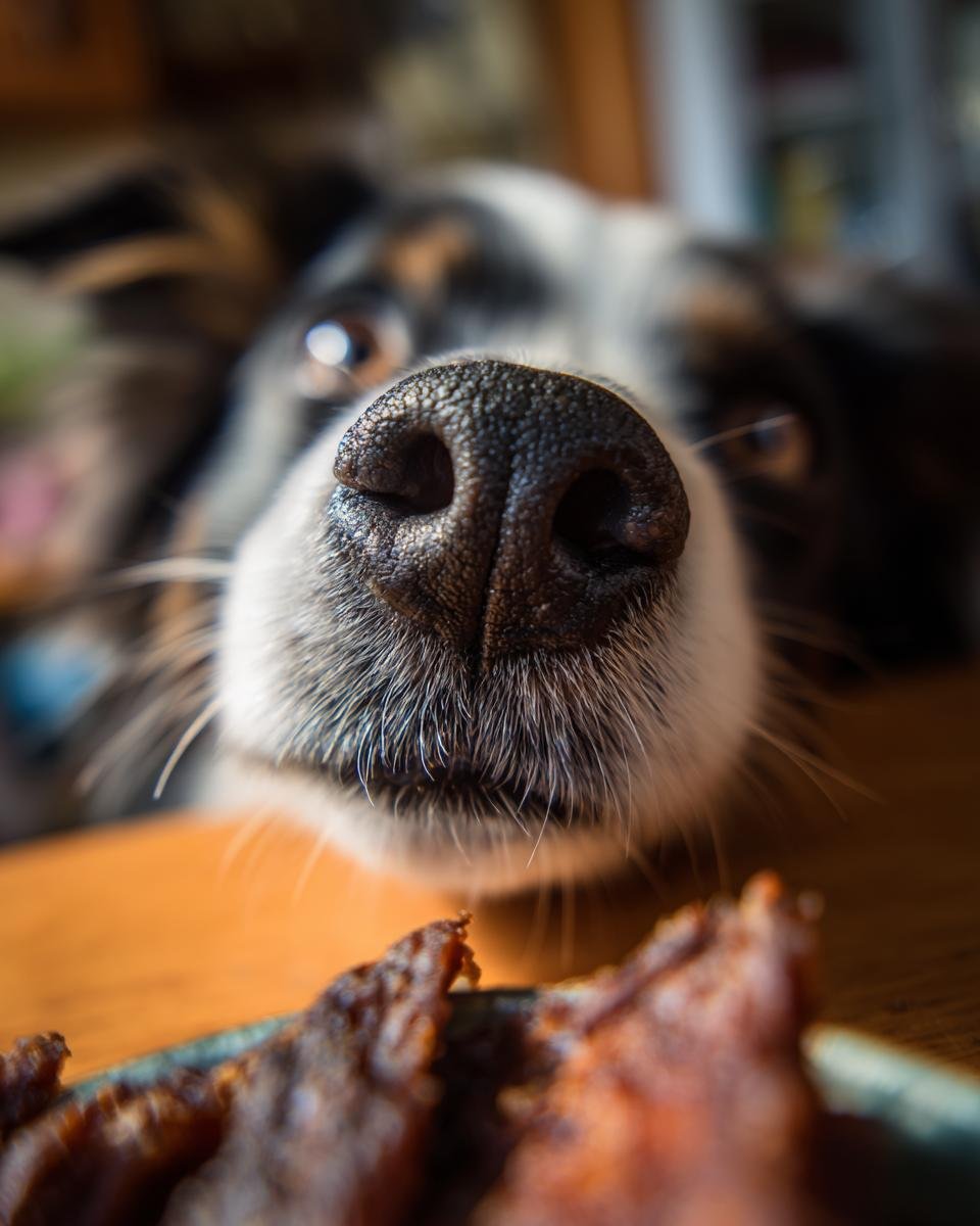 A dog's nose is in focus, sniffing a plate of Beef Spinach Iron Jerky.
