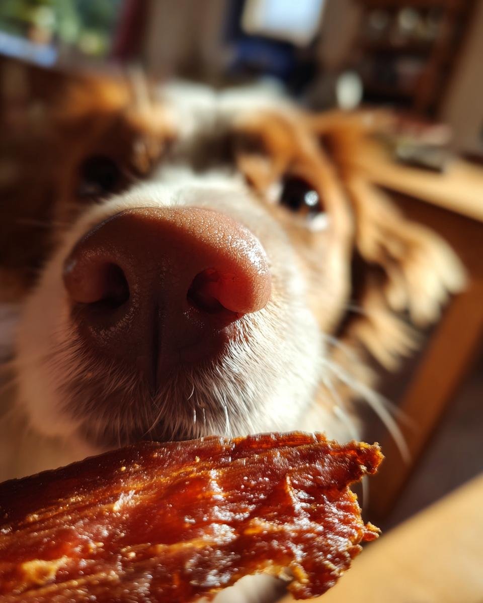 Close-up of a dog's nose sniffing a piece of Beef Spinach Iron Jerky.