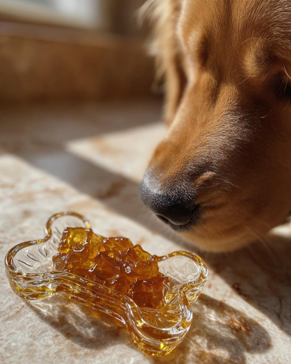 A golden dog's nose is close to a bone-shaped dish filled with amber-colored Ultimate Healthy Bone Broth Gummies for Dogs.