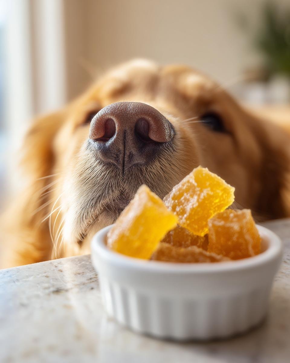A golden retriever's nose is focused on a small white bowl of yellow Anti-Inflammatory Bone Broth Gummies for Dogs.