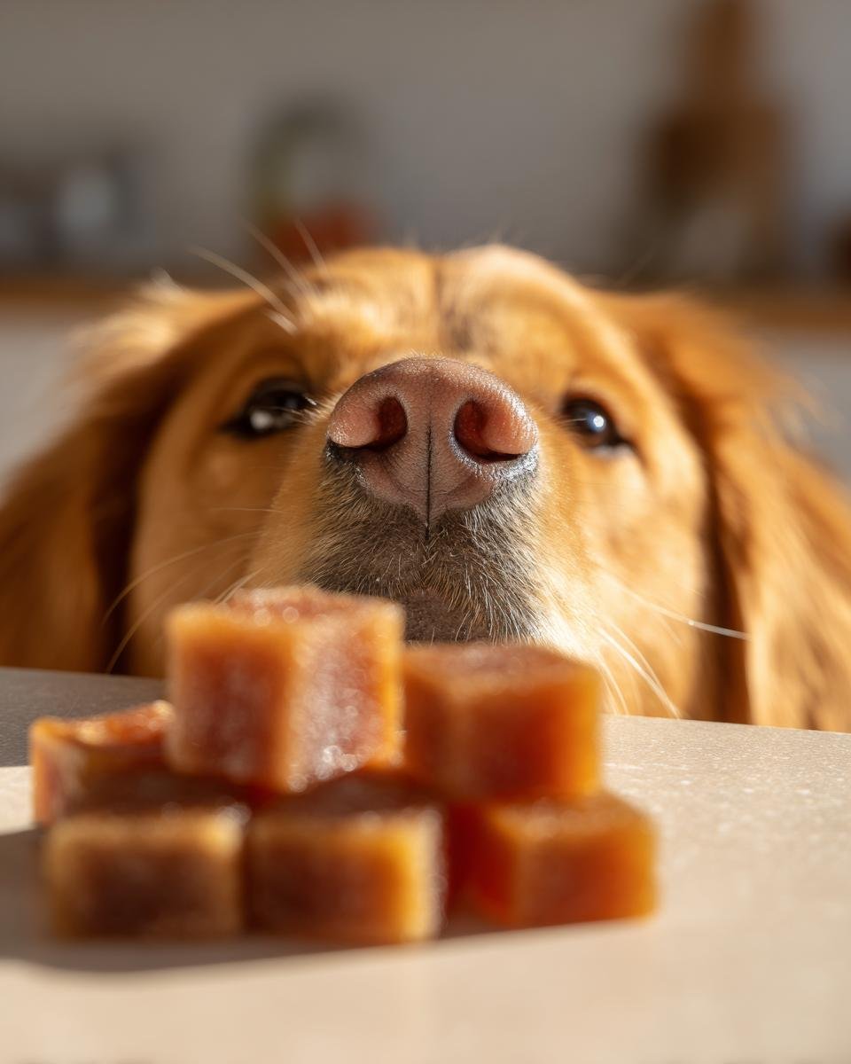 A golden dog's nose is close to a stack of High-Collagen Bone Broth Gummy Bones for Dogs.