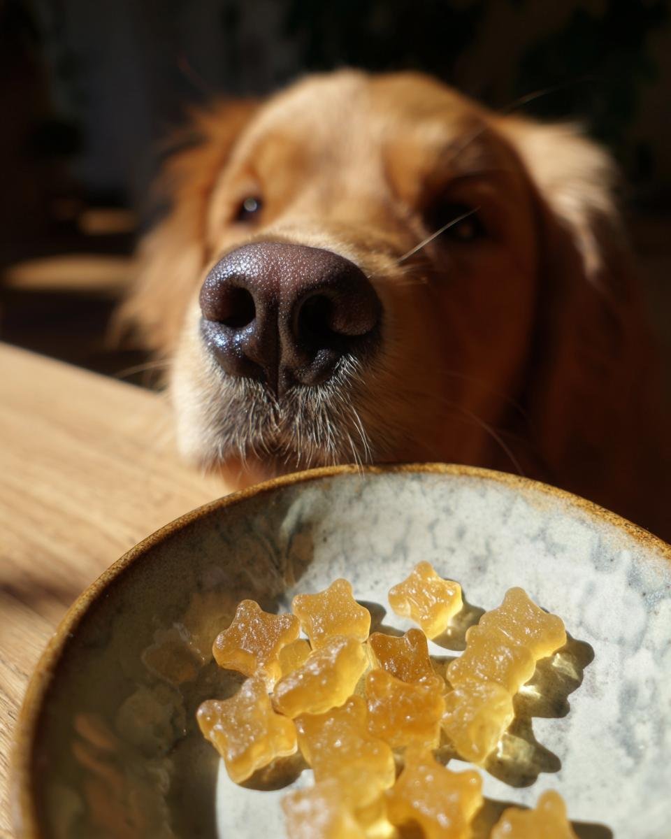 A golden retriever's nose is close to a bowl of star-shaped Weight Control Bone Broth Low-Cal Gummies for dogs.