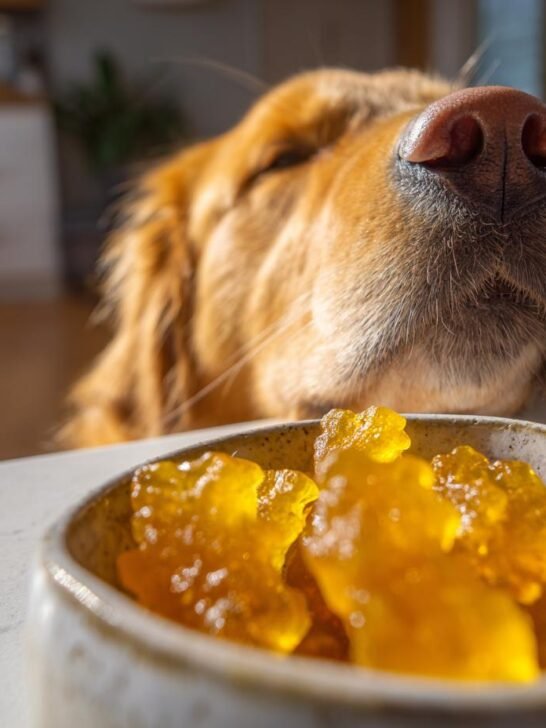 A Golden Retriever's nose focuses intently on a small bowl of yellow Vet-Style Bone Broth Wellness Gummies for Dogs.