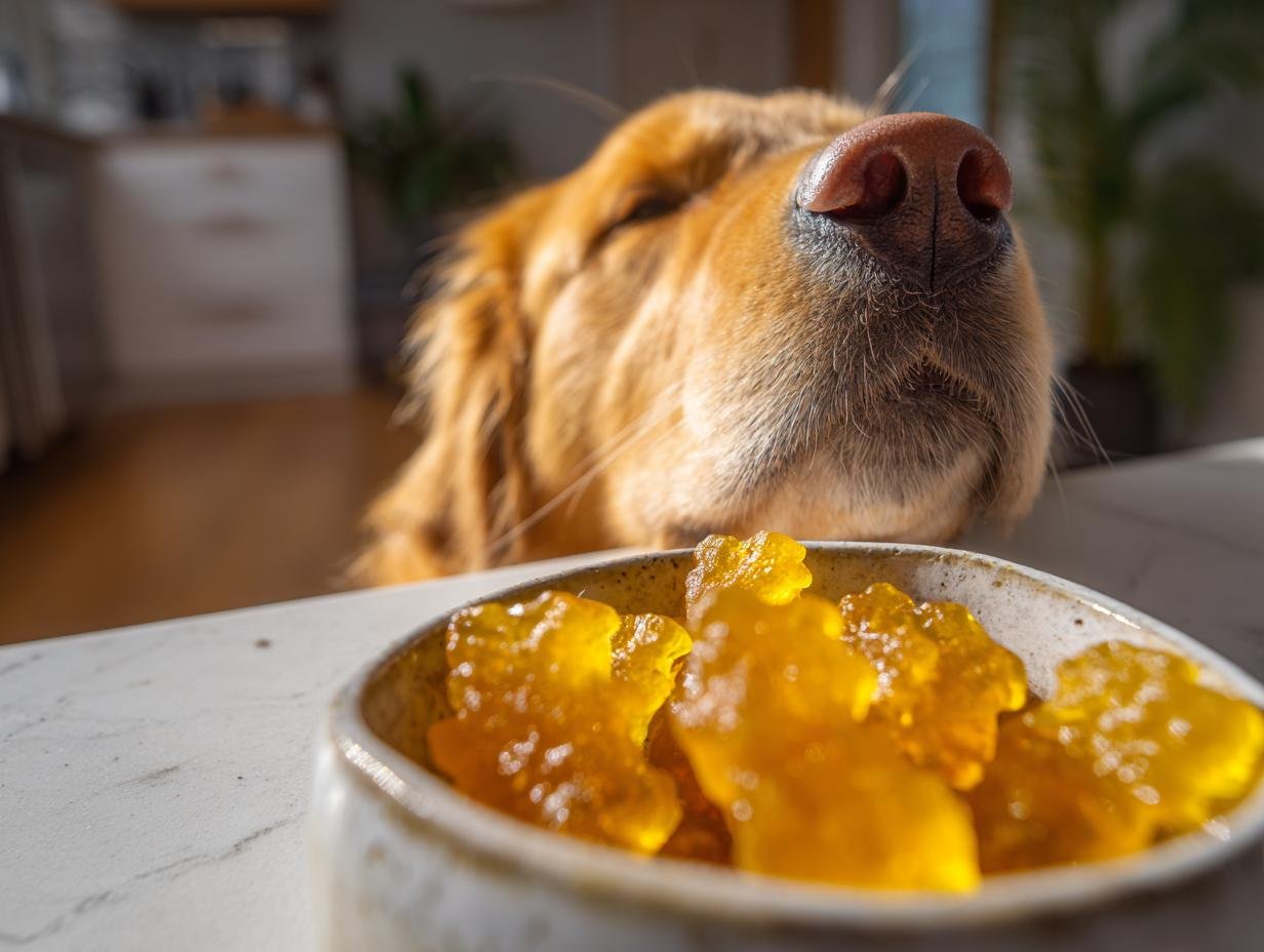 A Golden Retriever's nose focuses intently on a small bowl of yellow Vet-Style Bone Broth Wellness Gummies for Dogs.