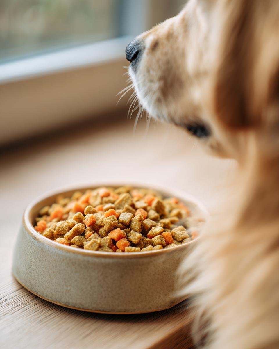 A close-up of a dog's nose sniffing a bowl filled with Homemade Chicken and Carrot Mini Crisp Kibbles.