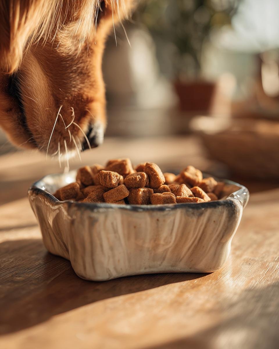 A golden retriever's nose hovers over a bowl filled with Homemade Chicken and Apple Energizing Mini Kibbles.