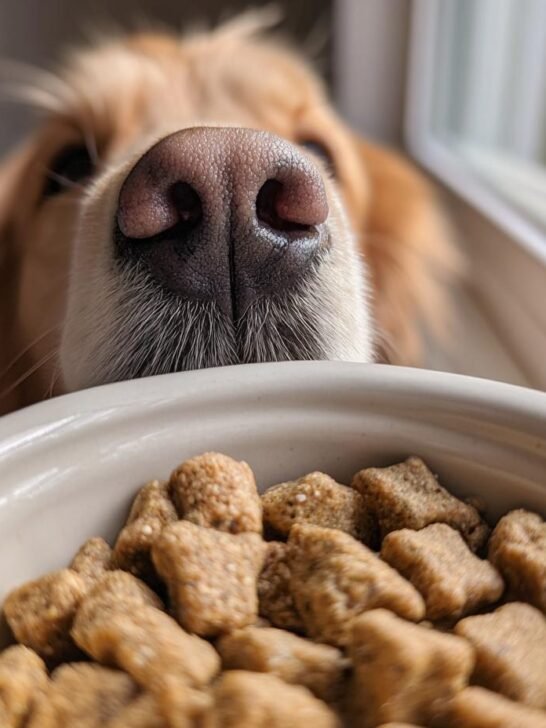 A golden retriever's nose is focused just above a bowl filled with Homemade Chicken and Quinoa Energy Kibbles.