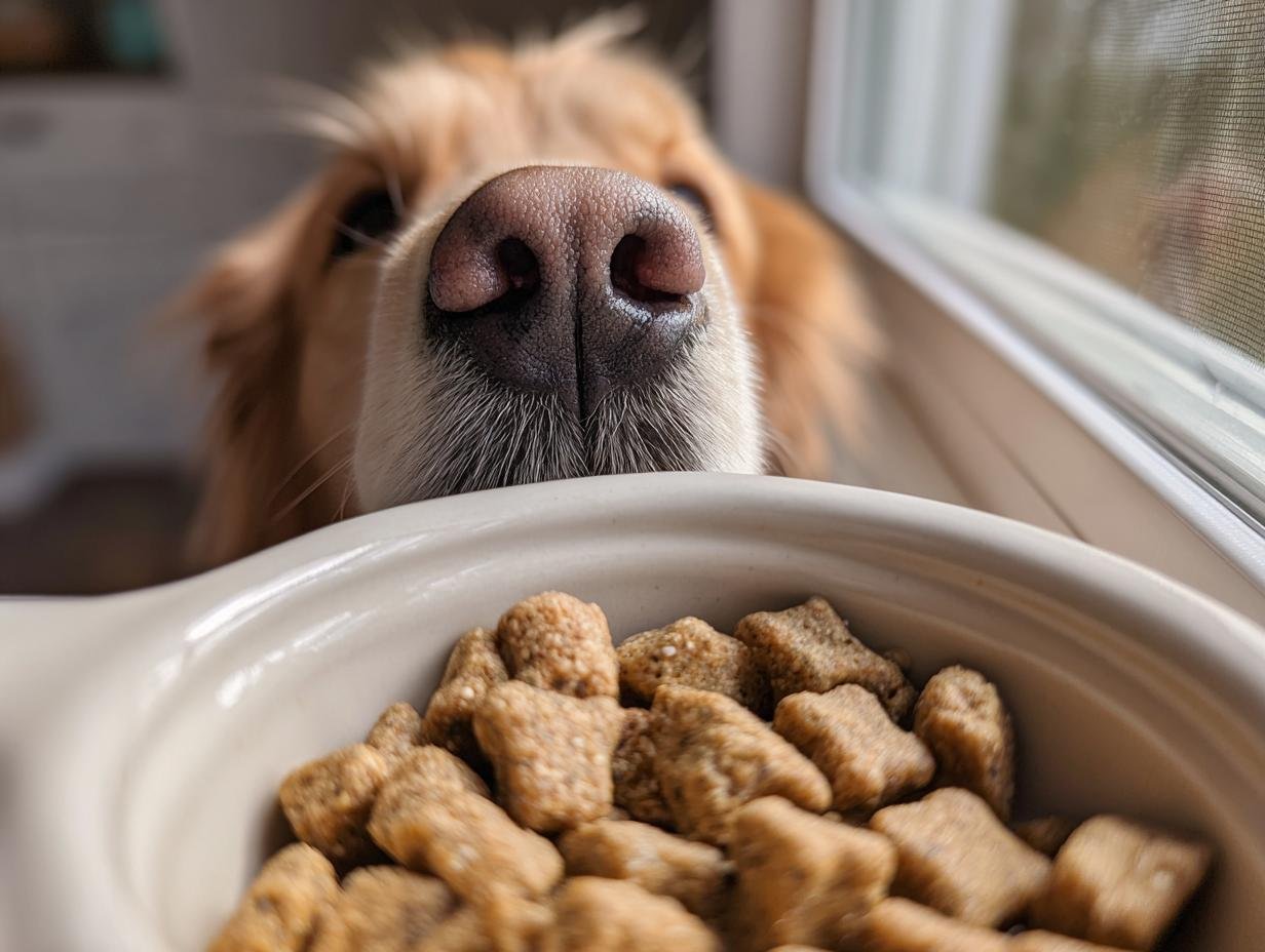 A golden retriever's nose is focused just above a bowl filled with Homemade Chicken and Quinoa Energy Kibbles.