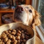 A golden retriever eagerly sniffs a bowl filled with Homemade Beef and Rice Everyday Crunch Kibble.