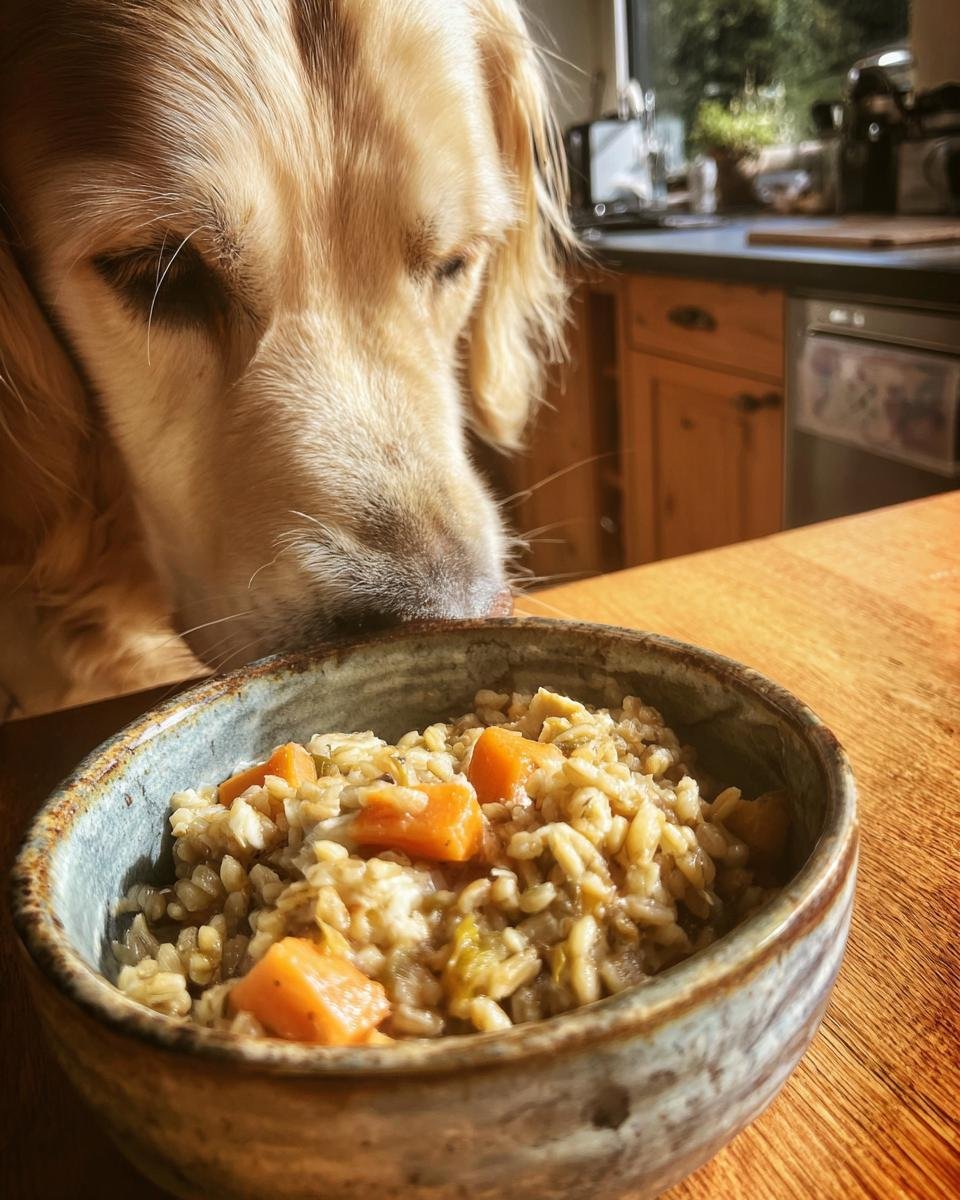 A golden retriever sniffs a bowl of Homemade Chicken and Barley Slow Bake Dinner Kibble on a wooden table.