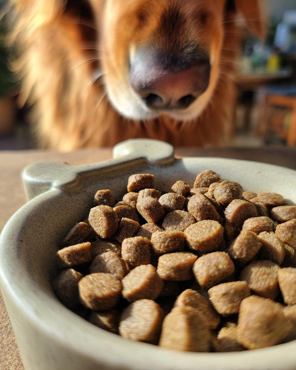 A golden retriever's nose looms over a bowl filled with Homemade Rabbit and Green Bean Sensitive Stomach Kibbles.