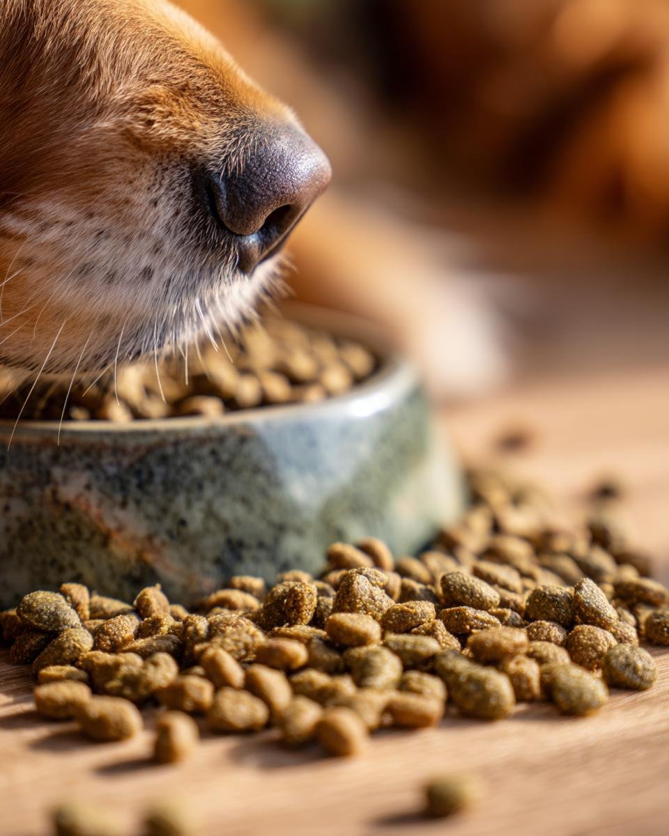 Close-up of a dog's nose investigating a pile of Homemade Rabbit and Green Bean Sensitive Stomach Kibbles.