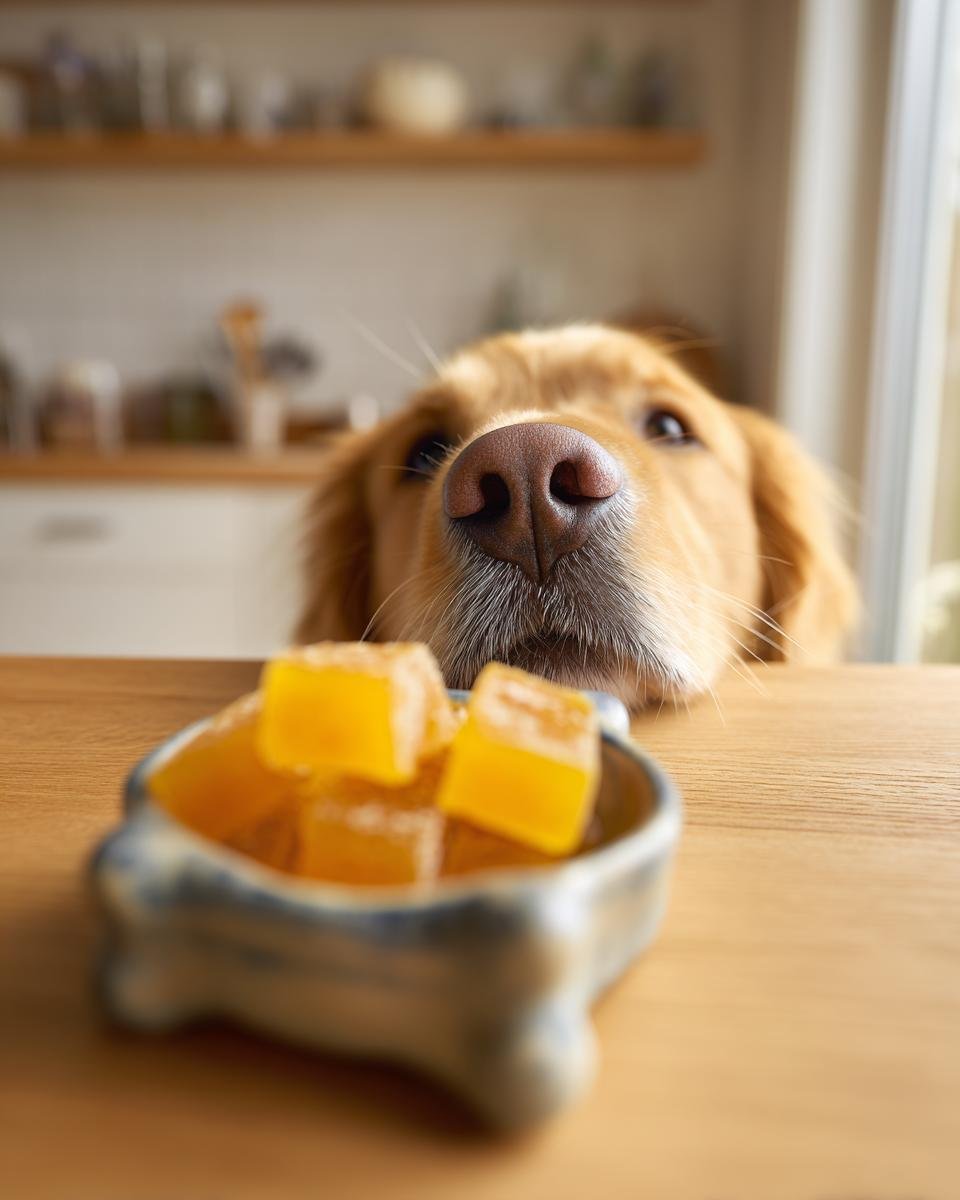 A golden retriever's nose is close to a bowl of yellow gummies, likely Natural Joint Care Bone Broth Gummies for Dogs.