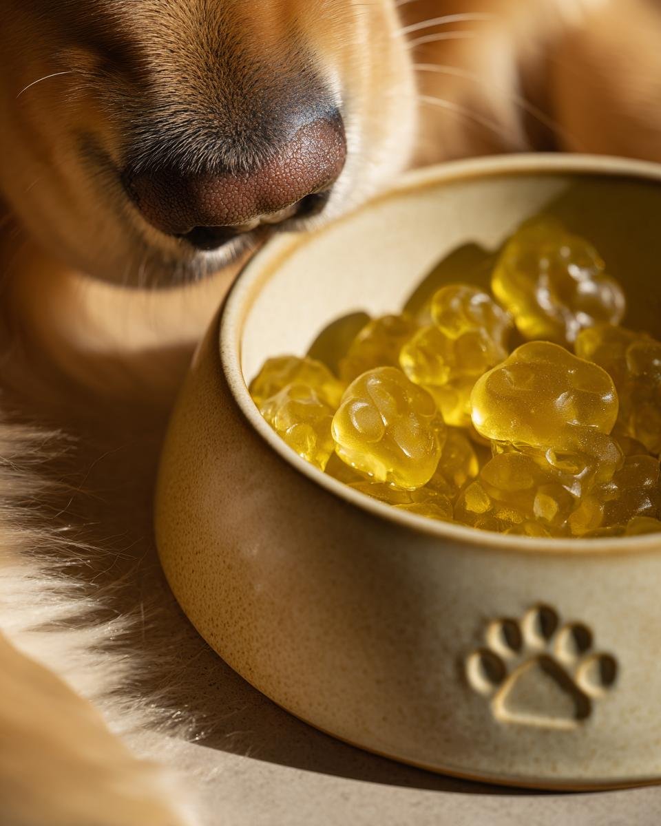 A dog's nose hovers over a bowl filled with yellow Joint Support Bone Broth Gummy Bones.